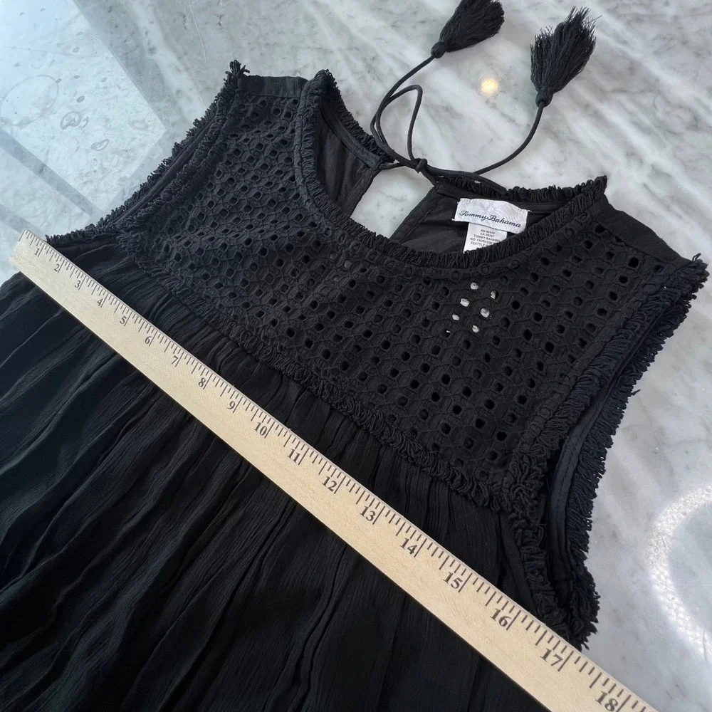 Tommy Bahama Womens Eyelet Crochet Black Fringe Dress M Black Boho Coastal Beach - Picture 6 of 9
